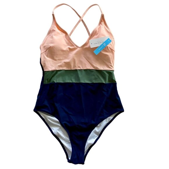 Cupshe Triple Color Block V Neck One Piece Swimsuit Cross Back Medium NE… - Picture 1 of 10